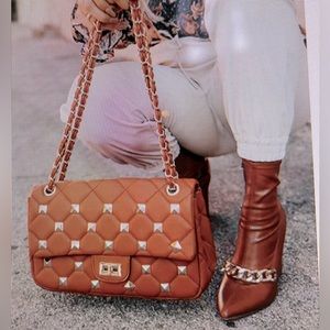NWT quilted studded brown chain bag handbag